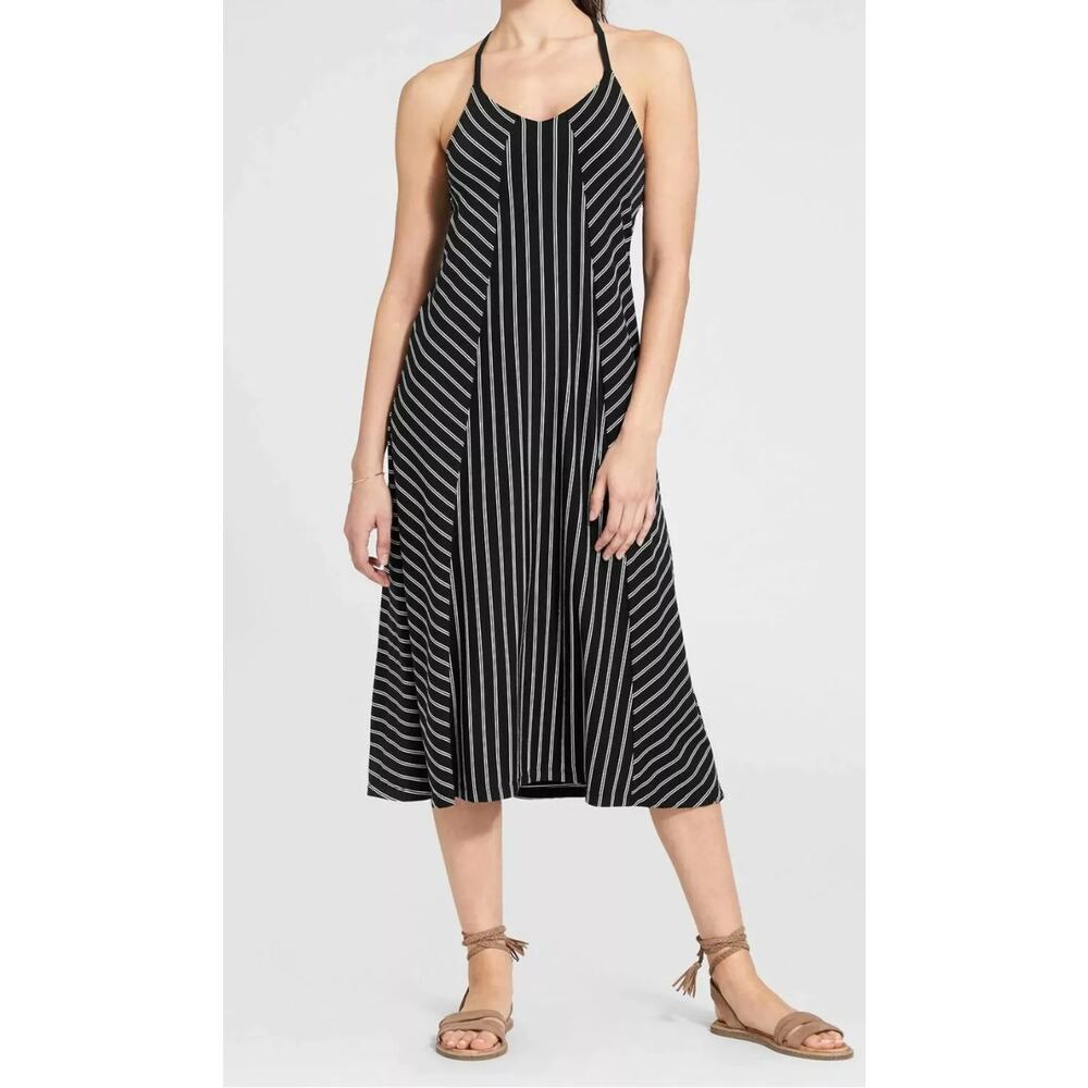 Athleta Black Stripe Mix Swing Athleisure Travel Dress XS Xtra-Small A1.7